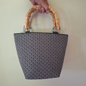 Talbots Woven Fabric & Leather Trim Black White Handbag Purse Bamboo Handles 🌷